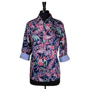 Chaps Ralph Lauren Women's Shirt Button Up Paisley Check Flip Cuff Blouse Top PM